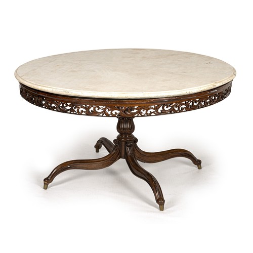 835 - A MAHOGANY AND MARBLE TOPPED CENTRE TABLE