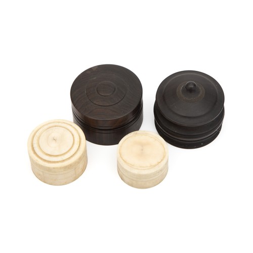 55 - A PAIR OF EBONISED TRINKET BOXES AND A PAIR OF NEAR MATCHING BONE TRINKET BOXES