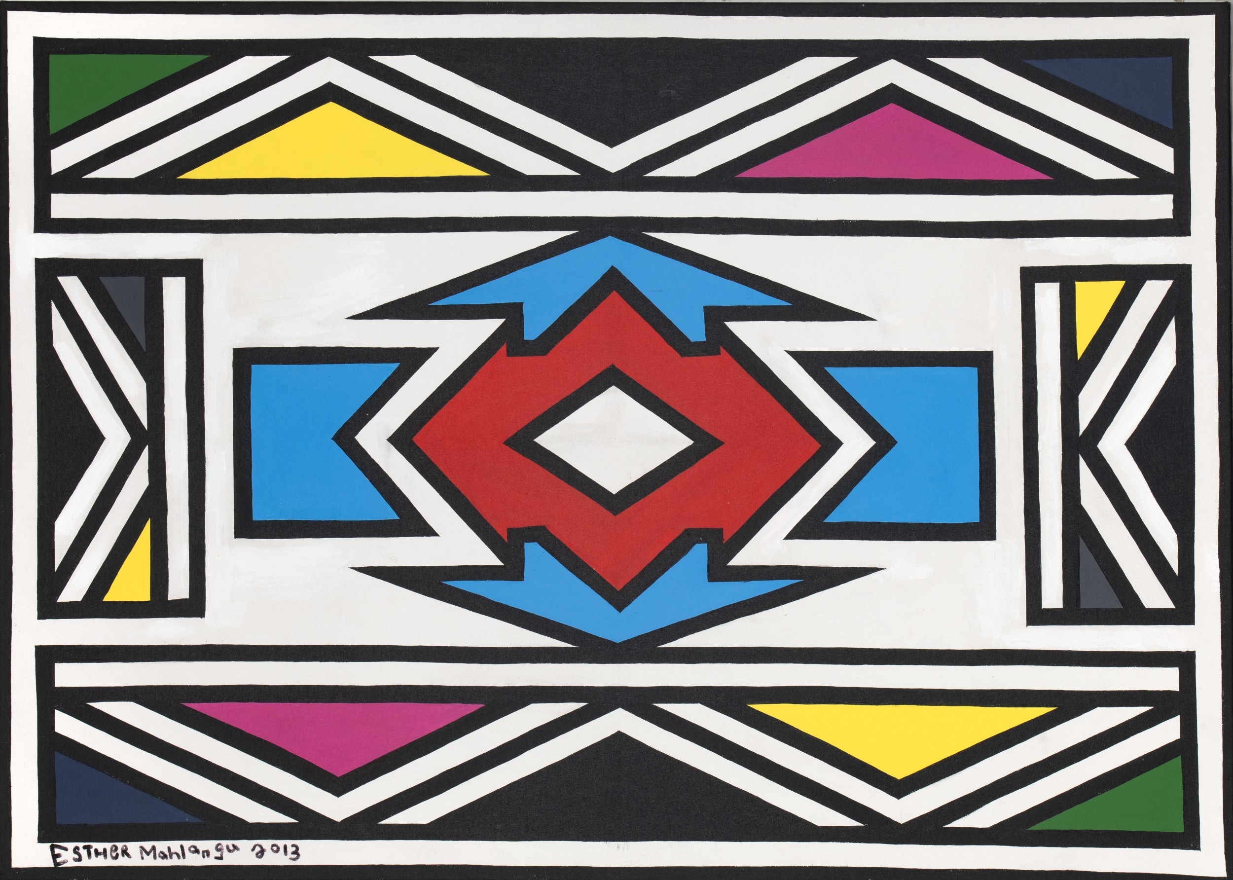 Esther Mahlangu (South African 1935 - ) NDEBELE PATTERN IN BLUE AND RED