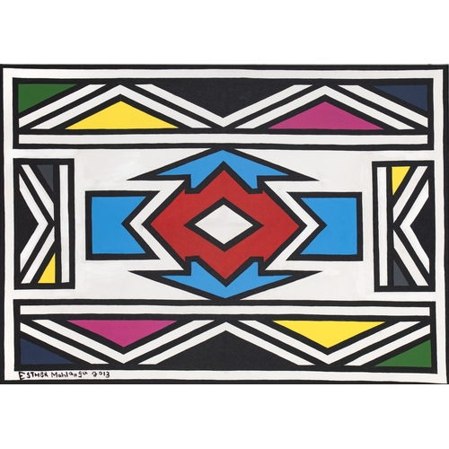 Esther Mahlangu (South African 1935 - ) NDEBELE PATTERN IN BLUE AND RED