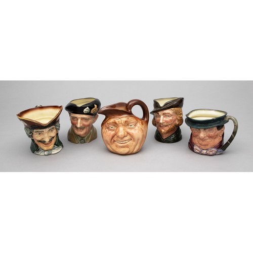 221 - FIVE LARGE ROYAL DOULTON TOBY JUGS, 'DICK TURPIN', 'MONTY', 'JOHN BARLEYCORN', 'ROBIN HOOD' AND 'TON... 