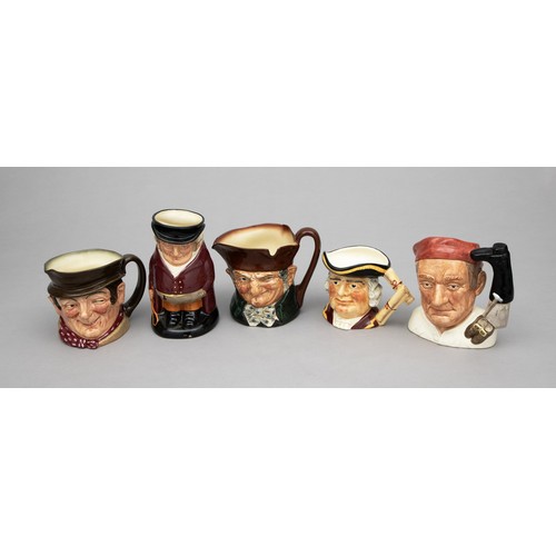 222 - FOUR ROYAL DOULTON TOBY JUGS AND A STAFFORDSHIRE TOBY JUG