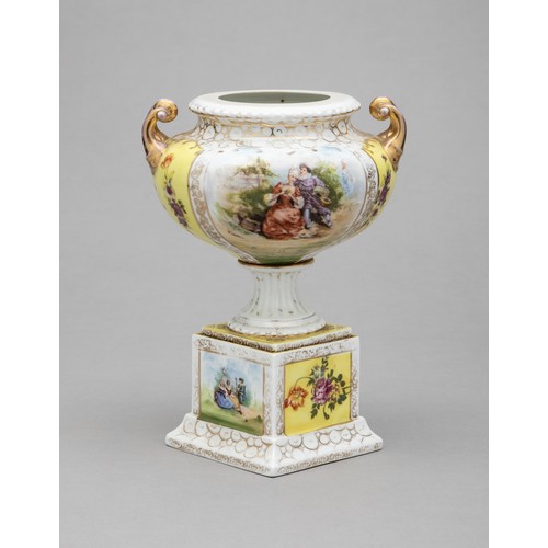 238 - A PORCELAIN URN RAISED ON A SQUARE PEDESTAL BASE