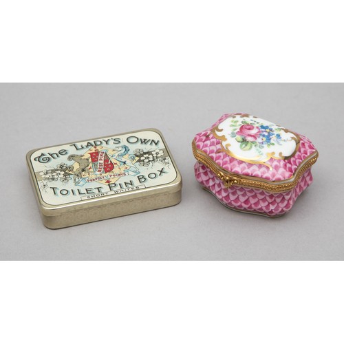 212 - A LIMOGES HAND PAINTED PORCELAIN AND ORMOLU TRINKET BOX AND A METAL PILL BOX