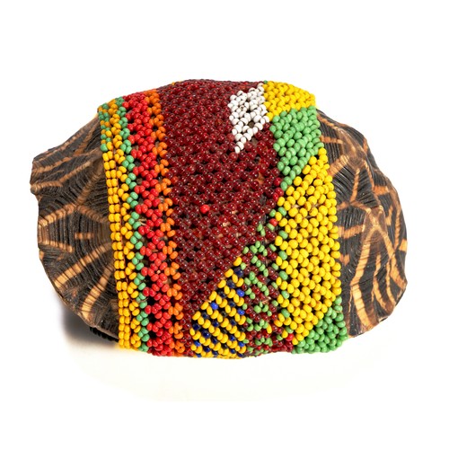 A BEADED TORTOISESHELL MEDICINE CONTAINER, SAN PEOPLE