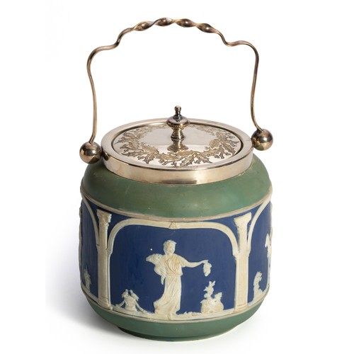 239 - A WILLIAM ADAMS & CO., TUNSTALL BLUE JASPERWARE BISCUIT BARREL