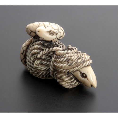 648 - A JAPANESE CARVED 'SNAKE AND MOUSE' TUSK NETSUKE