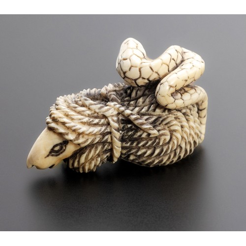 648 - A JAPANESE CARVED 'SNAKE AND MOUSE' TUSK NETSUKE