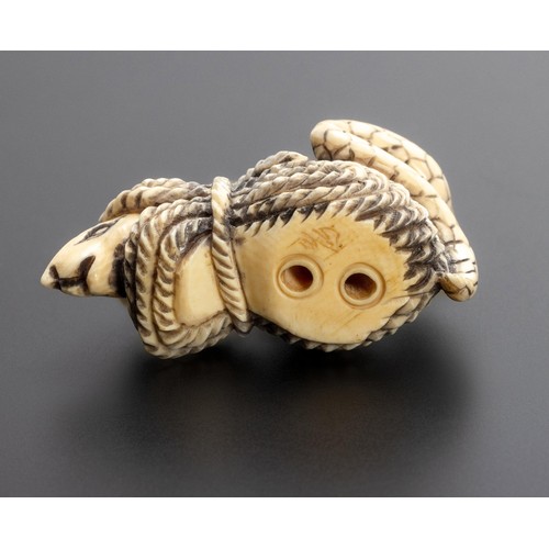 648 - A JAPANESE CARVED 'SNAKE AND MOUSE' TUSK NETSUKE