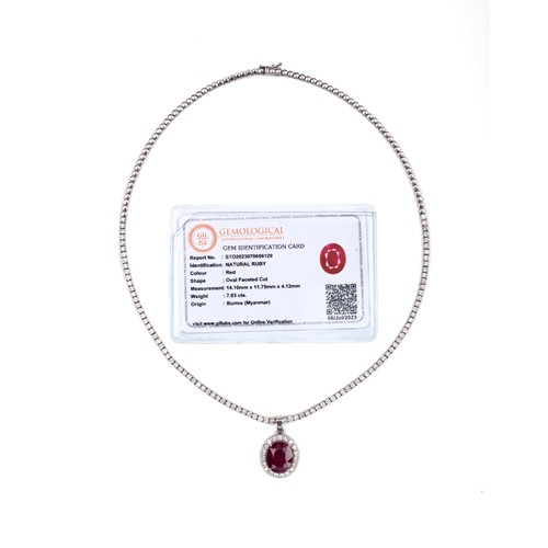 420 - A CERTIFIED 7.03 CARAT RUBY AND 5.00 CARAT DIAMOND TENNIS NECKLACE