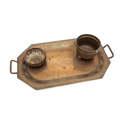 44 - A BRASS TEA-TRAY AND ORNAMENTS
