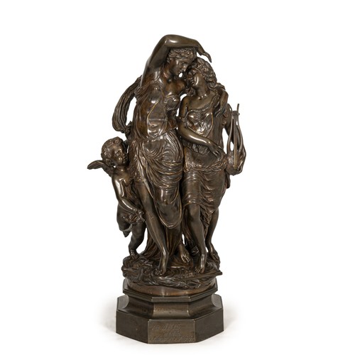 A ERNEST RANCOULET 'LES ARTS AIDES DU GENIE ET DE LA POESIE' PATINATED CAST BRONZE SCULPTURE, SIGNED