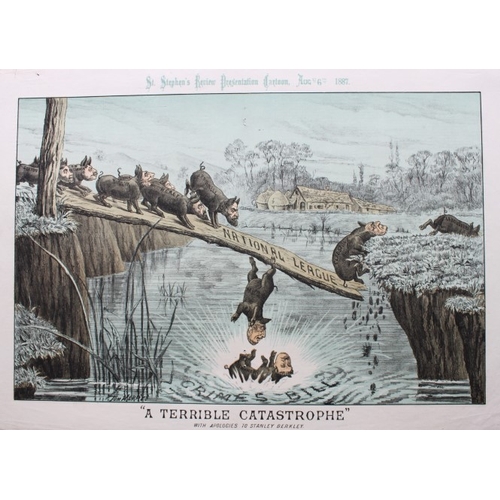 8580 - Tom Merry political cartoon - Terrible catastrophe 1887.

This double-page coloured lithograph A TER... 