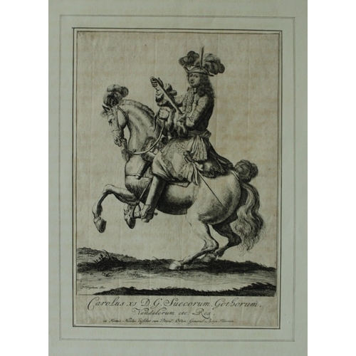 8870 - P Stevens - Equestrian Portrait of King Charles XI of Sweden 1689.

This etching is of Carolus XI DG... 