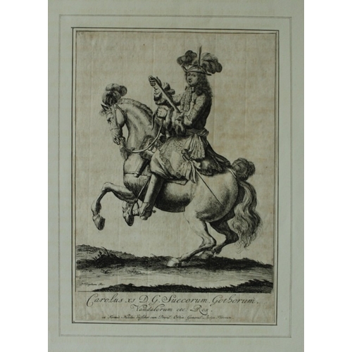 9890 - P Stevens - Equestrian Portrait of King Charles XI of Sweden 1689. 

This etching is of Carolus XI D... 