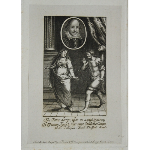 9886 - Proof line engraving of William Shakespeare and a scene from a sonnet with Lucretia and Collatinus b... 