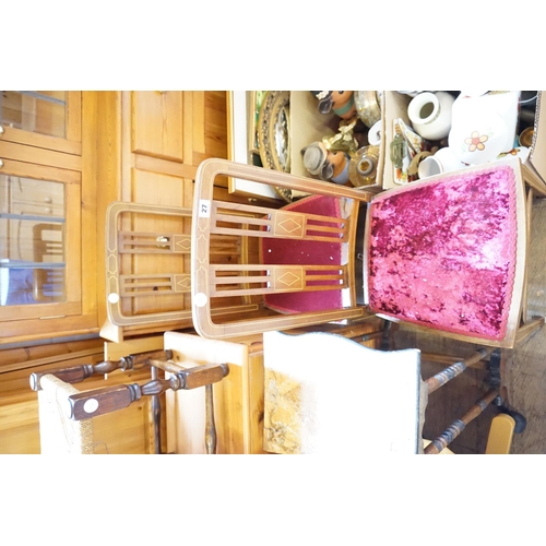 27 - A pair of Edwardian mahogany bedroom chairs with velour upholstery and inlaid detail