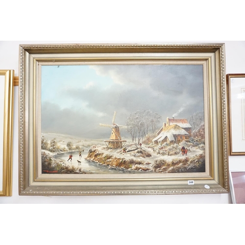 349 - A large oil on canvas of a windmill scene with skaters - Duran Faine