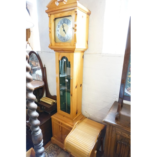 47 - A pine grandmother clock, sewing box, tiled topped coffee table and a trunk