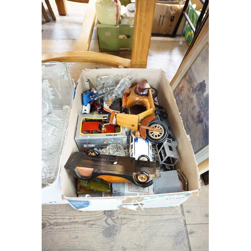 542 - A box of assorted model vehicles, 2 cruets, cigarette albums, Mr Punch puppet etc