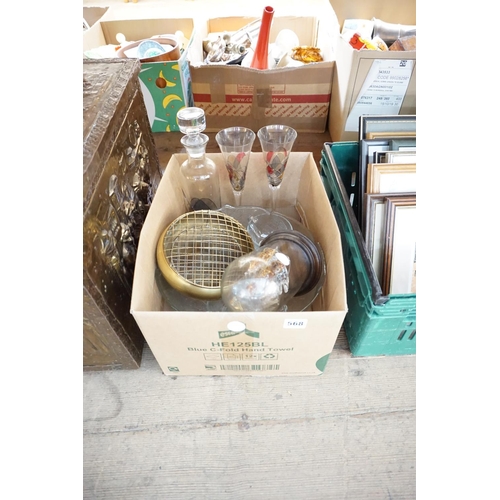 568 - A box of assorted items - decanters, glasses, punch bowl and cups brass planter and a glass ship in ... 
