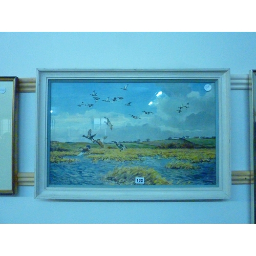 132 - A framed print of ducks in flight