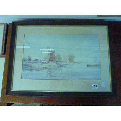 138 - A framed watercolour of a Broadland mill scene by Jason Partner