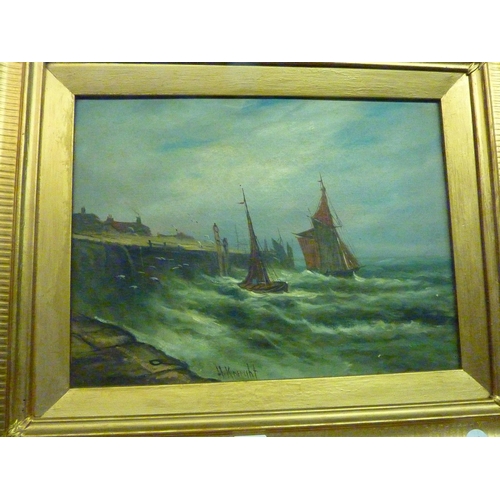 180 - A framed coastal scene of ships in a rough sea - H Knight