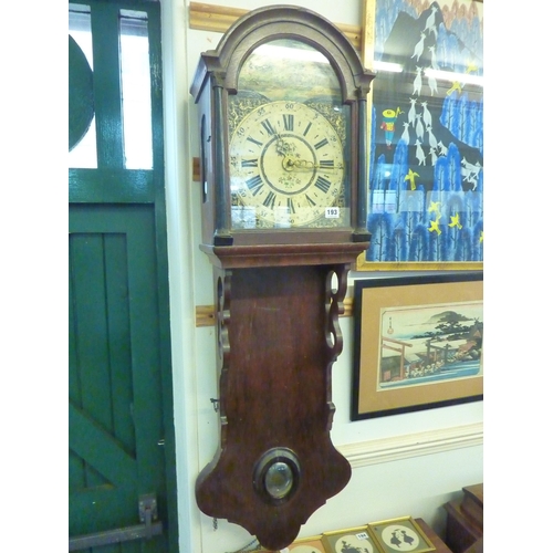 193 - An oak cased Country wall clock with painted dial, brass detail, arched case, sliding lower compartm... 