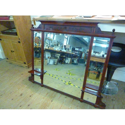 81a - An Edwardian mahogany over mantle mirror with 5 bevel edged glass mirror sections carved foliage to ... 