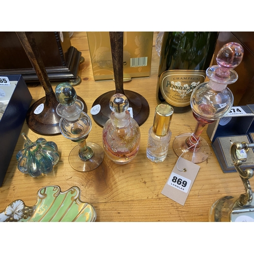 869 - 4 decorative glass perfume bottles and a glass paperweight