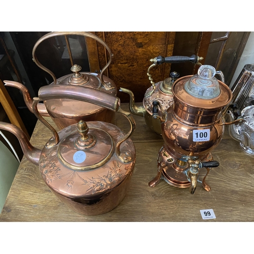 100 - 3 copper kettles and a samovar with burner