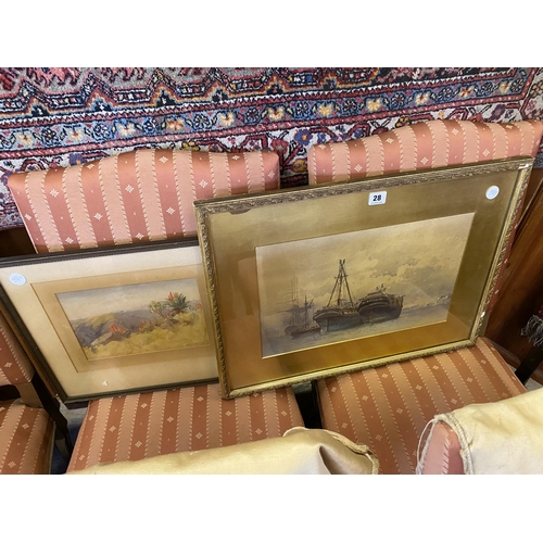 28 - A watercolour of ships at anchor, a watercolour of a South African landscape and another picture