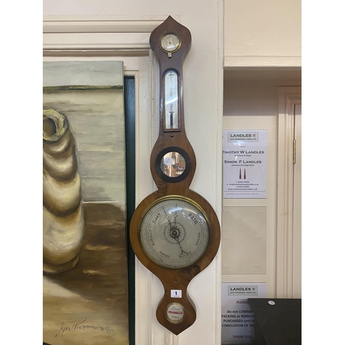 1 - A Georgian mahogany banjo shaped barometer with silvered dial, circular mirror, thermometer, moistur... 