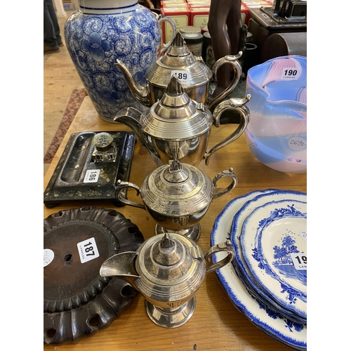 189 - Plated tea pot, coffee pot, sugar urn and milk jug