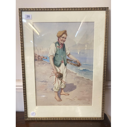 26 - A framed watercolour of a fisherman with crab on the seashore