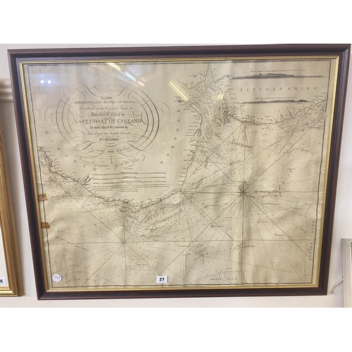 27 - A framed map depicting the East Coast of England 1833 by William Heather