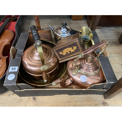 50 - A box of assorted items - copper kettles, shovel, brass jug, pewter teapot, cigarette box etc