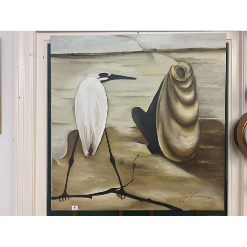 6 - An oil on canvas of a seated figure next to a stork