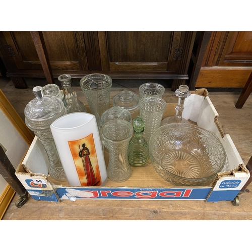 68 - A box of assorted glassware - vases, decanters, bowl etc