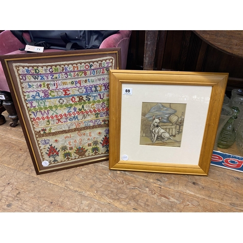 69 - A framed sampler and picture of a terrier dog