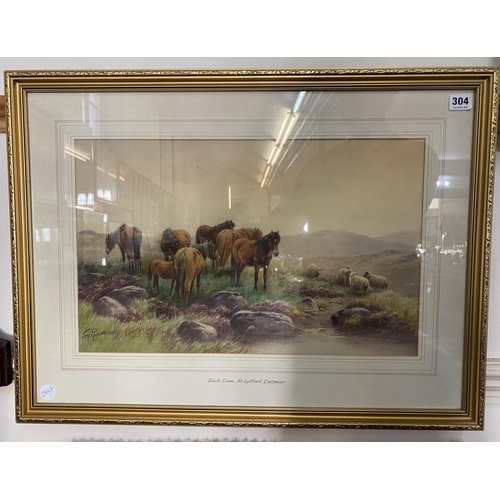 304 - A watercolour of Dartmoor ponies and sheep, titled 