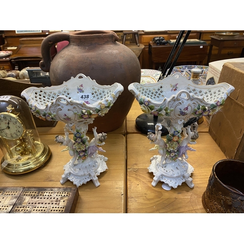 438 - 2 Continental pierced posy bowls on decorative stands depicting winged putti