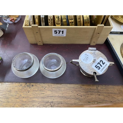 572 - A silver lidded cruet and 2 silver rimmed glass pots