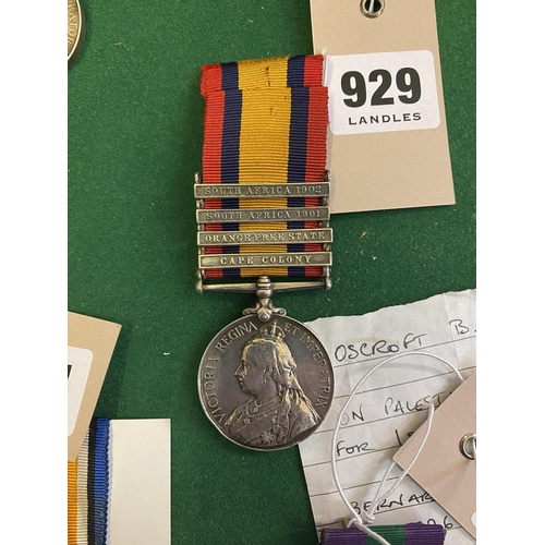 929 - A Victorian South Africa Medal with clasps for Cape Colony, Orange Free State, South Africa 1901 and... 