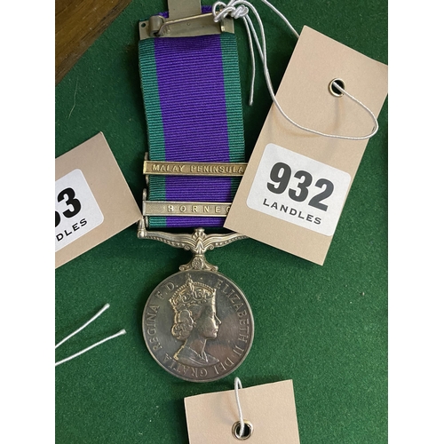 932 - A Borneo Campaign Service Medal with Malay Peninsular clasp awarded to D Millington M.(E.) 1. R N