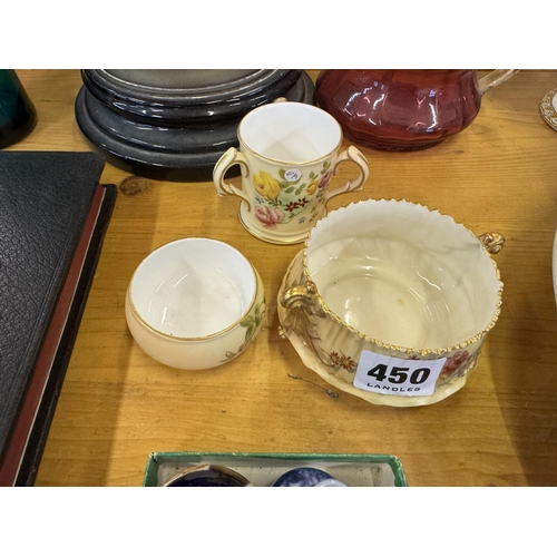 450 - 2 Royal Worcester blush pots decorated with flowers and a tri-handled cup