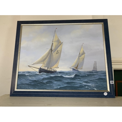 188 - An oil on canvas of ships under full sail - R G Grimson