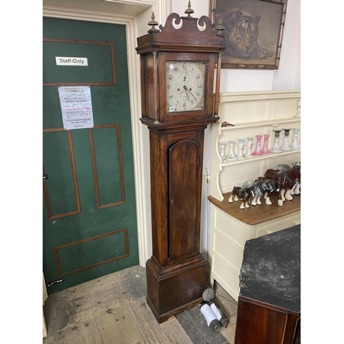 222 - A mahogany long cased clock with scrolled pediment, brass finials, columns to the canopy, painted di... 