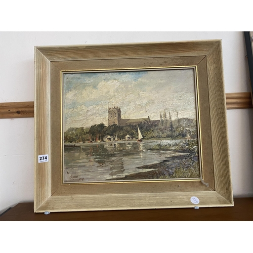 274 - An oil on board of Christchurch Priory with sailing boats to the foreground by C R Lynch, 1963